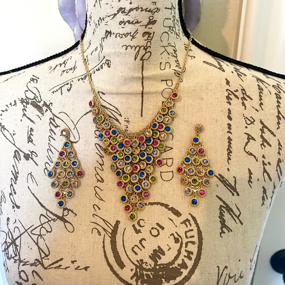 Jewelry - Bollywood inspired Gold Tone Necklace and Chandelier Earring Set